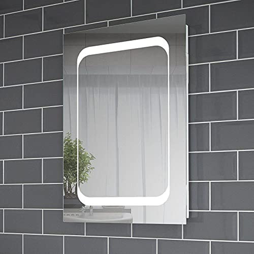 Pebble Grey™ Leila Illuminated LED Bathroom Mirror with Shaver Socket and Heated Demister Mirror Pad | 500 x 700mm | Motion Sensor Switch | IP44 Rated