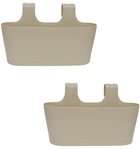 Gariella - 2 x Blumenkasten in Sand, Hängekasten, Geländer-Montage, Balkon, Außenbereich, 5,5 L, oval, Kunststoff, Übertopf, Pflanzkasten, Blumentopf zum Hängen, Wasserspeicher/Untersetzer