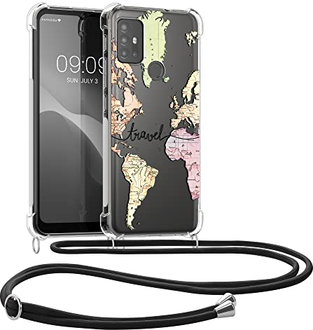 kwmobile Necklace Case kompatibel mit Motorola Moto G30 / Moto G20 / Moto G10 Hülle - Silikon Cover mit Handykette - Schwarz Mehrfarbig Transparent Travel Schriftzug