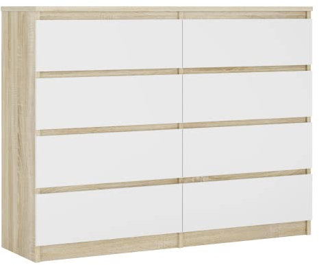 3E 3xE living.com Kommode mit 8 Schubladen 120 cm, Farbe: Sonoma Eiche/Weiss, H: 102 cm, B: 120 cm, T: 39 cm