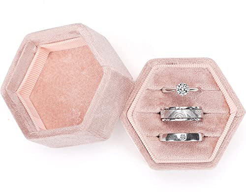 WantGor Velvet Jewelry Ring Box, 3 Slots Hexagon Ring Gift Box Vintage Ring Display Holder Case for Wedding Ceremony Proposal Engagement (Blush Peach)