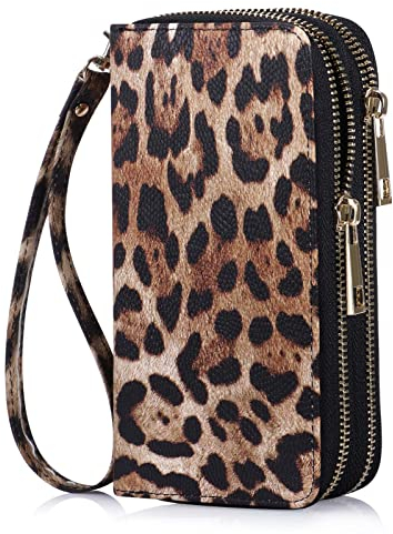 HAWEE Doppelreißverschluss Geldbörse für Frau Clutch Geldbörse mit Handyhalter für Smartphone/Karte/Münze/Bargeld, braun (Leopardenmuster), 6.9 * 3.5 * 1.9 inch, Casual