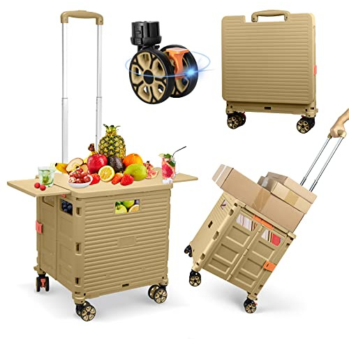 Faltbarer Mehrzweckwagen, tragbar, Rollkiste, Bollerwagen mit magnetischem Schiebedeckel, Teleskopgriff, robuste Kunststoffbox, Dolly 360° drehbare Räder für Reisen, Büro, Lehrer (Khaki Pro)