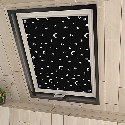 Eurohome 100% Blackout Skylight Roller Blind, No Drilling, Sun Protection, Blackout Roller Blind with Suction Cups for Velux Windows, Moon, Stars, 37 x 73 cm, for C04/104