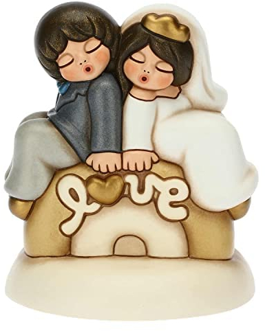 THUN, Bomboniera Matrimonio Top Cake Love con Sposini in Ceramica Decorata a Mano, Linea Bomboniere, 12x12x13.5 cm h
