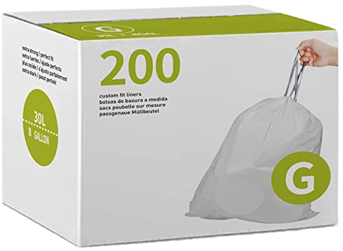 8 Gallon Code G 200 Count Drawstring Trash Bags Compatible with simplehuman Code G | 1.2 Mil | White Garbage Can Liners 8 Gallon / 30 Liter Heavy Duty Plastic Trash Bags
