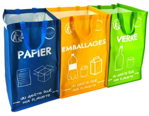 Lot de 3 Sacs de Tri Selectif colorés - Poubelle Tri Selectif 3 Bacs - Bac Tri Selectif Plastique, Papier et Verre [Capacité de poubelle recyclage 174L] (Bleu/Jaune (Version Emballages 2023) / Vert)