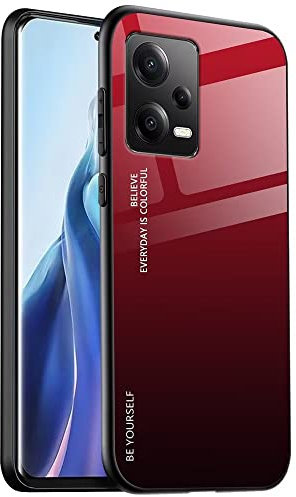 EASSGU Coque Adapté pour Redmi Note 12 Pro 5G (6.67 inches), Coque Arrière en Verre Dégradé Anti-Chute et Anti-Rayures Étui de Téléphone Portable - Rouge Noir