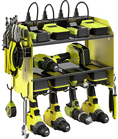 CCCEI Modular Power Tool Organizer Wall Mount with Charging Station. Garage 4 Drill Storage Shelf with Hooks, Screwdriver, Drill Bit Heavy Duty Rack, Tool Battery Holder Built in 8 Outlet Power Strip.