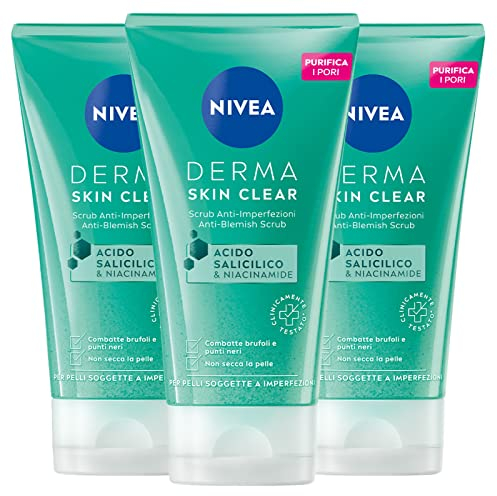 Nivea Derma Skin Clear Scrub Gesicht Anti-Imfektion Vegane Formel mit Salicylsäure und Niacinamid mit reinigender Wirkung, Peeling, regenerierend gegen Pickel und Mitesser, 3 Flaschen à 150 ml
