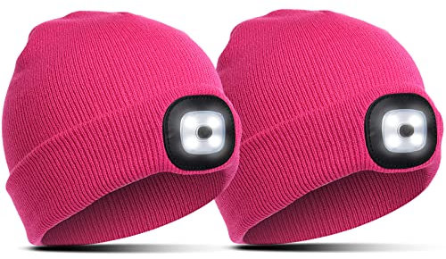 Richaa Geschenke für Kinder Weihnachten 2Pcs Mütze mit LED Licht Kinder Wiederaufladbar LED Strickmütze Rosenrot Wintermütze Beanie Lustige Kleine Geschenke für Mädchen Jungen