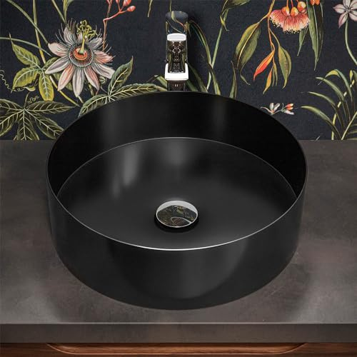 Inbagno Lavabo da appoggio Tondo 40 cm in Acciaio Inox, Finitura Nero Opaco e profondità 9,5 cm, Goya