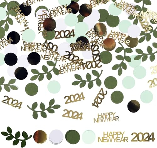 RUNEAY Konfetti Tischdeko HAPPY NEW YEAR 400 Stück, Silvester Deko 2025, Glitzer Grün Gold Neujahrsdeko, Partydeko Silvesterparty