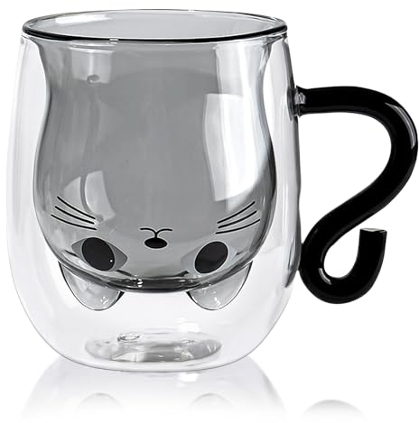JJQHYC Cat Mug, Cat Gift for Cat Lovers, Double Wall Glass Coffee Mug, Espresso Cups, Cat Coffee Cups, Cute Cat Mug for Latte, Cappuccino, Milk