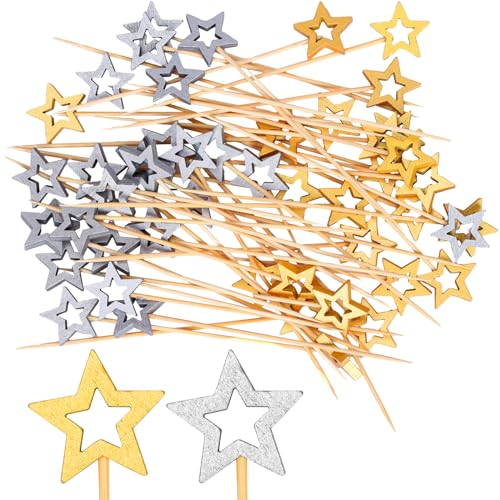 LAOJU Palitos de cóctel de frutas, 100 pinchos de cóctel para alimentos, palillos de dientes de 12 cm de largo, palillos de cóctel, palillos de comida de estrella, decorativos para fiestas, postres,