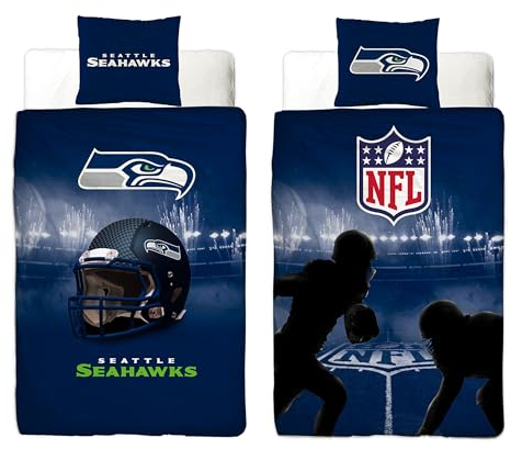 NFL Bettwäsche Seattle Seahawks 135 x 200 cm + 80 x 80 cm 100% Baumwolle Renforcé-Linon-Qualität Reißverschluss American Football Fan Super Bowl Boom Lumen Field Blitz Wende-Bezug deutsche Größe