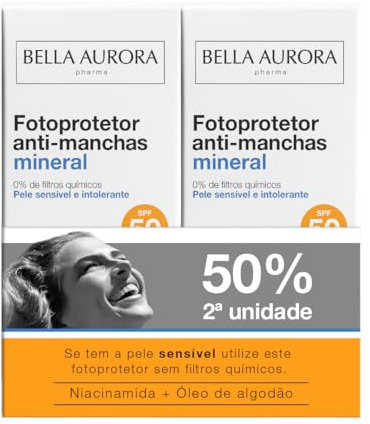 BELLA AURORA - Fotoprotector Antimanchas Mineral SPF 50 Pack de 2 x 50 ml, Protección Facial, Protector Solar Antimanchas, Pieles Sensibles, Repara e Hidrata Piel, con Aceite de Algodón y Mitacarpa