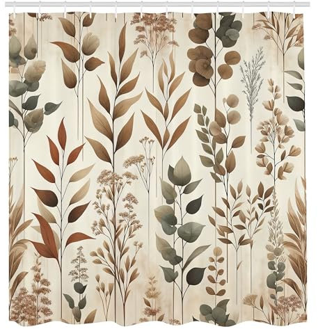 ABAKUHAUS Braun Duschvorhang, Vintage Botanik Kunst Aquarell Eukalyptuszweige und blättrige Motive, Stoffliches Gewebe Badezimmerdekorationsset mit Haken, 175 x 200 cm, Blasses Kamel Lorbeergün