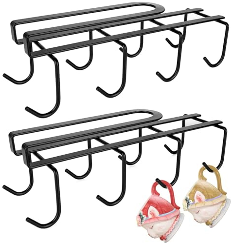 Tefola Set di 2 porta tazza da appendere senza foratura, due file ganci di stoccaggio in metallo sotto armadio da cucina, per riporre bicchiere da vino, tazza da caffè, asciugamano, sciarpa, cravatta