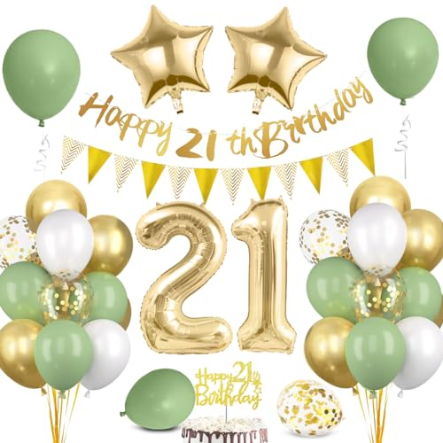 21 Geburtstag Deko Mann Frau, Luftballon 21 Geburtstag Grün Gold, 21 Happy Birthday Banner Wimpelkette, Folienballon Zahl 21, Cake Topper für 21 Geburtstag Party Dekoration