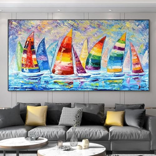 Abstrakte bunte Segelboote, Gemälde, Boot, Schiff, Kunst, Segeln, Meereslandschaft, extra große Leinwand-Bilder für Wohnzimmer-Dekoration, 65 x 130 cm/26 x 51 Zoll, mit schwarzem Rahmen