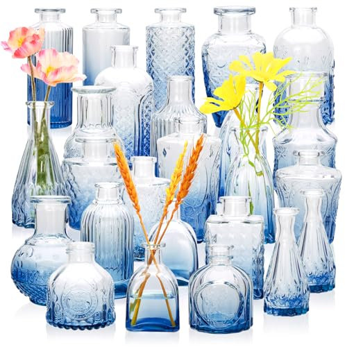 Brajttt Knospenvasen-Set, dunkelblaue Vasen, Glasvasen in Großpackung, kleine Vasen für Mini-Blumenvasen, niedliches Vintage-Glas-Set für Blumen, Hochzeit, Zuhause, Tafeldekoration, 25 Stück