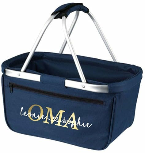 AWASG Einkaufskorb Oma - Personalisiert mit Name - Einkaufstasche faltbar Tragekorb mit Aufdruck - 45 x 25 x 25 cm (navy)