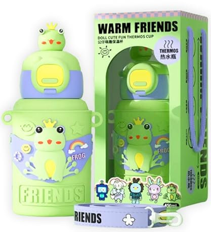 CODiLLO Botella para niños, 450 ml, botella para niños sin BPA, botella con pajita, botella a prueba de fugas, botella de acero inoxidable, botella térmica, regalo niños (verde)