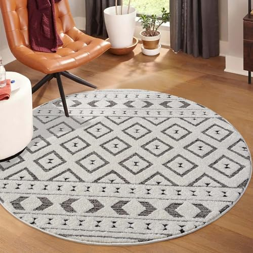 carpet city Kurzflor Teppich Grau, Creme - 120 cm Rund - Wohnzimmer-Teppiche Hochtief-Muster, 3D-Effekt - Raute-Muster - Flachflor Bodenbelag, Deko Schlafzimmer
