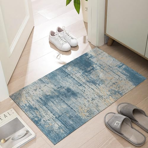 LYGLIGH Thin Door Mats for Inside Entry, Ultra Thin Indoor Entrance, Non-Slip Rubber Backing Entryway Rug, Absorbent Washable Floor Mats for Bathroom, 35'' x 23'', Distressed Teal