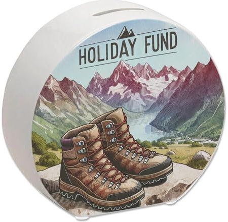 Urlaub in den Bergen Urlaubskasse Spardose mit Spruch Holiday Fund Wanderurlaub Paar Wanderstiefel Stein Hintergrund Urlaubsgeld Alpen Berge