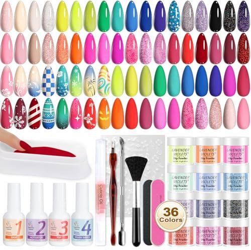 Lavender Violets 48 Pcs Dip Powder Nail Kit Starter, 36 Colors Dipping Powder with Liquid Set and Dips Manicure Tools for Acrylic Dip Nail Art Designs B950