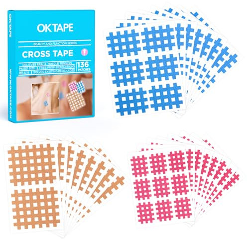 OK TAPE Cross Tape 136 Stück, Gittertape für Cross-Therapie Akupunkturpunkte Set (3 Typen & gemischte Farben) bei verspannten Muskeln, schmerzenden Gelenken