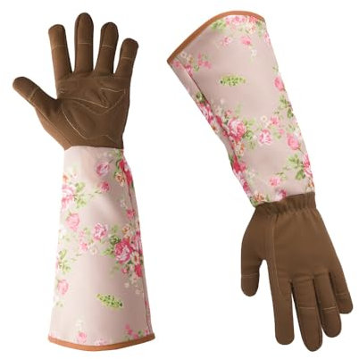 Gartenhandschuhe zum Schutz vor Dornen, Handschuhe mit Unterarmschutz für Damen Herren, Lange Garten Arbeitshandschuhe Rosenhandschuhe [Braun]