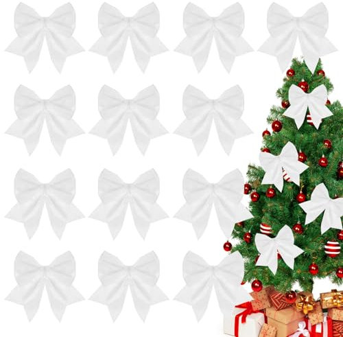 NMKL Christmas Tree Bows 12pcs White Glitter Wreaths 15CM for Xmas Tree Decorations