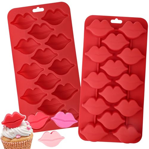 Webake Lips Chocolate Candy Mold Silicone, 14-Cavity Hot Lips Molds for Chocolate, Candy, Soap, Cupcake Decorations, Ice Cube, Wedding Party, Soft and Flexible, Pack of 2