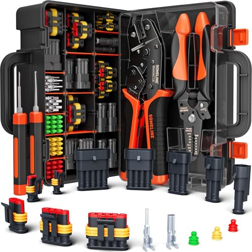 SOMELINE Kit de conectores impermeables para coche, Alicates de crimpado [0,34–2,5 mm²], Con conectores de 1 a 5 pines, herramienta de extracción y pelacables | Para conectores AMP serie 1,5 mm