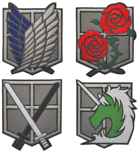 4 Stück Kompatibel mit Attack on Titan Japanischer Comic Schild Patch mit Hook Loop Unterstützt für Kleidung Jacken Jeans Rucksack Weste Uniformen Reisen Abenteuer Moto Biker Patch Sammlung