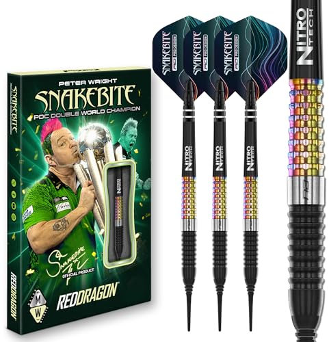 RED DRAGON Darts – Professioneller Spieler - Peter Wright Snakebite Corra - 90% Wolfram - 18g Fass / 20g Volles Gewicht Weiche Spitze Dart-Set mit Dart Flüge und Dartschäfte