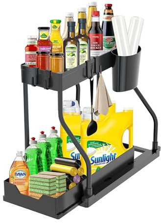 HYPIQQ Spülschrank Organizer Spülbecken Unterschrank Organizer Unter Waschbecken Regal spülenunterschrank organizer, 2 Etagen Unter Waschbecken Regal Mit 4 Haken &1Tassen,Schwarz