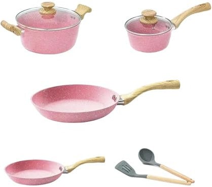 ASumPio Kitchen 8Pcs Frying Pan Stockpot Milk Pot Sets Nonstick Cookware Steak Fried Egg Pan Suitable All Stoves,gold set,8 pc,Pink set-8 pc