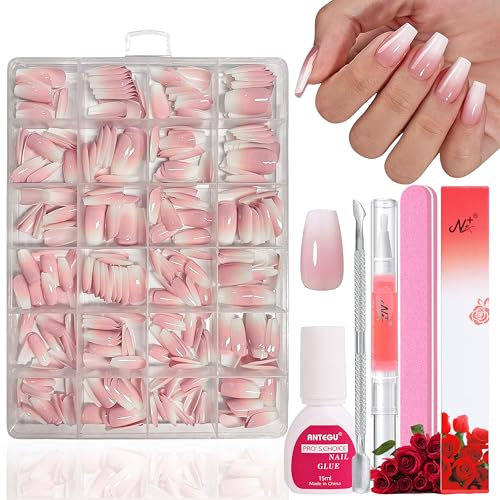Falsche Nägel Tips Set - 360 Stück Französisch Falsche Nägel Zum Aufkleben - Weiß Rosa Gradient Design Künstliche Nägel Ballerina Nail Art Manicure Fake Nails für Frauen (Gradient Baby Pink)