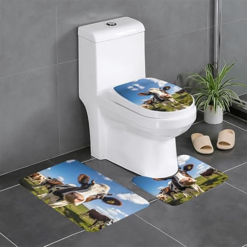 LLKGOT Juego de 3 alfombras de baño con estampado de vaca lechera, juego de alfombras de baño antideslizantes, fáciles de limpiar y mantener, bloquean la humedad y son duraderas