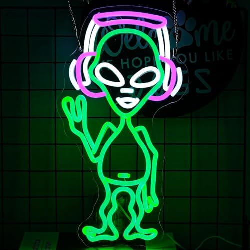 Alien Neon Schild für Wand Dekor Grüne Musik Neon Licht Dimmbare Krass LED Neon Schilder für Musik Studio Spielraum Alien Party Bar Mann Höhle Dekoration
