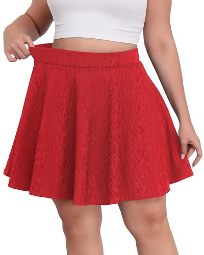 LOUSGUTA Minifalda de patinadora básica versátil de cintura alta acampanada casual elástica para mujer, talla grande, Rojo -, 3XL/ más