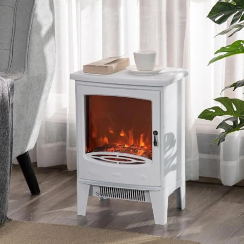 DecHome - Camino Elettrico da Terra con Effetto Fiamma Temperatura Regolabile Copertura 15-20 mq colore Bianco