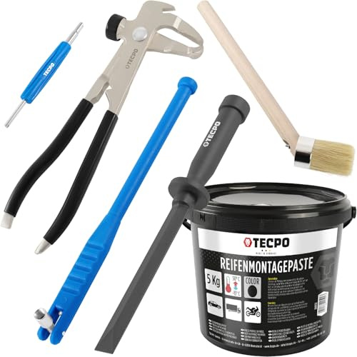TECPO Reifenreparaturset 5-teilig, Auswuchtgewicht Zange, Reifenventilentferner Ventileinzieher, Klebegewicht Kunststoffschaber 19mm, Reifenmontagepaste 5kg schwarz, Pinsel für Reifenmontagepaste