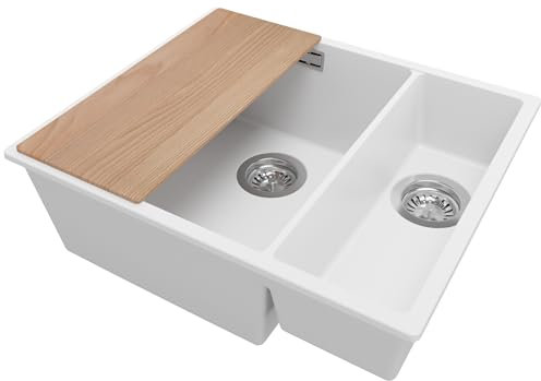 PRIMAGRAN Fregadero Cocina Blanco 56x47cm, Granito 1,5 Senos + Sifón + Tabla de cortar, Sobre encimera al mueble 60cm - London Slim Duo