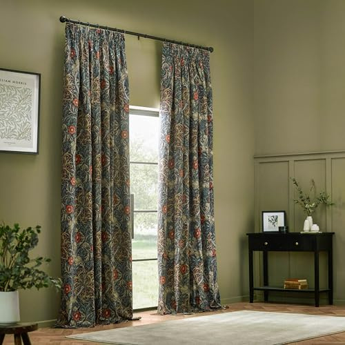Morris&Co. Seaweed Pencil Pleat Curtain Pair – Lined Velvet Floral Art Nouveau Drapes (Indigo - 229x229cm)