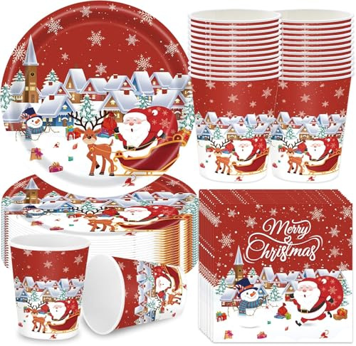LATERN 100Pcs Christmas Party Paper Tableware Set, 25 x 9 Inch Dinner Plates, 25 x 7 Inch Salad Plates, 25 x 270ml Cups, 25 x 16CM Napkins - for Christmas Winter Holiday Party Decoration
